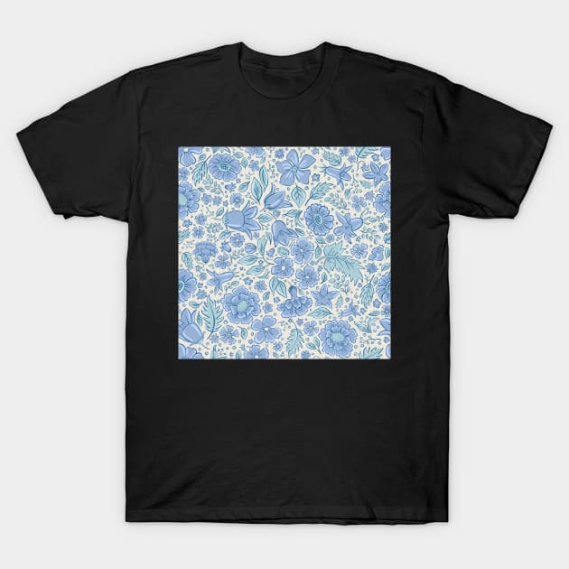 Scattered flowers and leaves in aqua tones | repeat pattern T-Shirt by colorofmagic